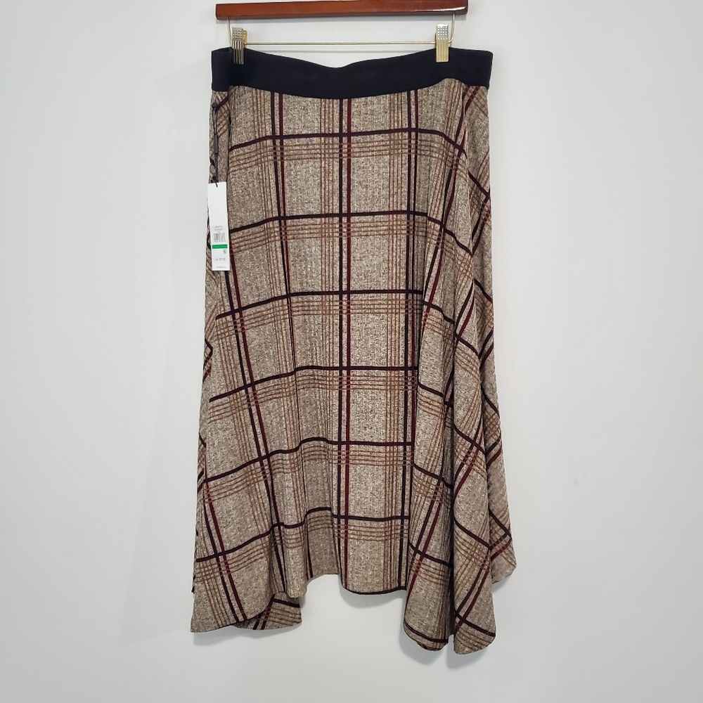 Calvin Klein Plaid A-Line Hankercheif Hem Midi Skirt in Beige Black Sz L NWT